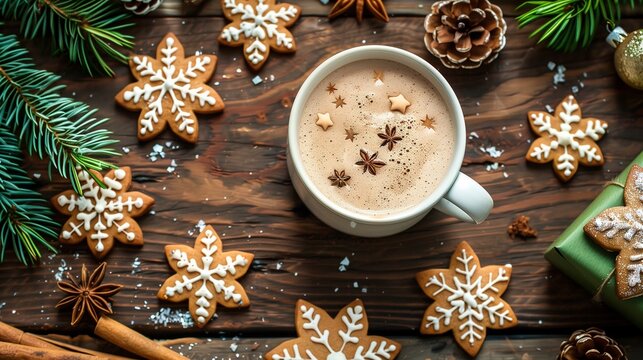 Flat Lay von traditionellen Weihnachtspl&auml;tzchen, nat&uuml;rlichen Tannenzweigen und hei&szlig;em Kakao auf rustikalem Holztisch &ndash; Draufsicht