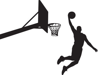 Fototapeta premium Black silhouette of basketball player dunking on white background
