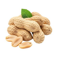 Close-up of peanuts in shells with a green leaf, two open