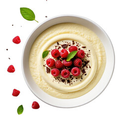 Creamy dessert in white bowl, topped with raspberries and chocolate