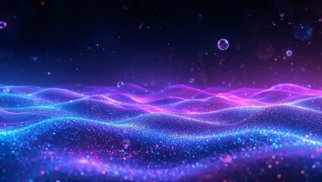 Abstract Waves of Light and Bubbles. A Dreamlike Scenery, Lit by Neon Hues. - Powered by Adobe