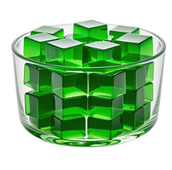 Glass bowl filled with translucent green cubes on a solid black background