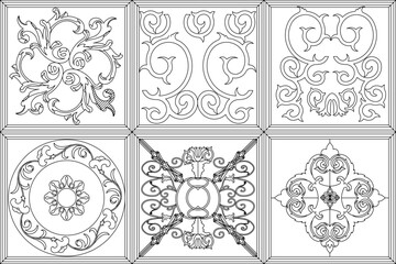 Minimalist line art of ornate decorative ceiling or wall panel designs — ideal for interior design, architectural visualization, or luxury graphic projects.