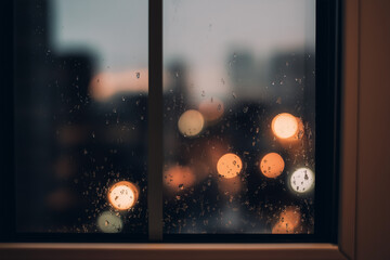 Fototapeta premium Window condensation with soft bokeh city lights beyond, cool evening tones, minimalist winter mood, empty space for overlays