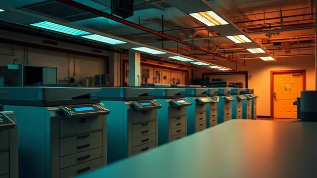 Office printing room with multiple printers and organized workspace during the day. 4k videos