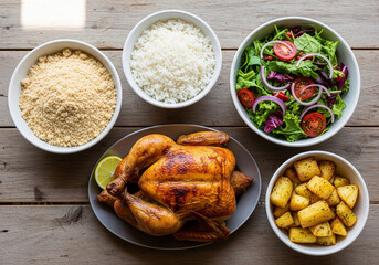 Frango assado com arroz, farofa, mandioca e salada — refeição caseira brasileira