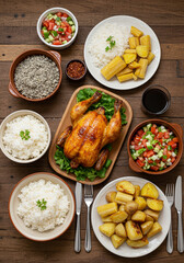 Frango assado com arroz, farofa, mandioca e salada &mdash; refei&ccedil;&atilde;o caseira brasileira