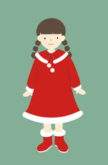 サンタ風の赤いワンピースを着たおさげ髪の女の子のイラスト素材
