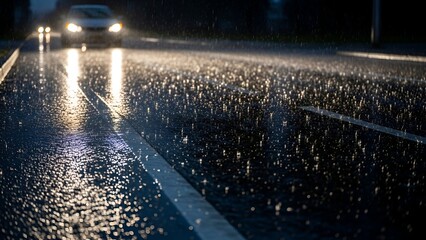 Wet asphalt road reflects headlights from a car, showing rain drops