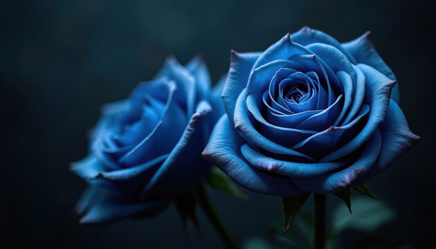 Close-up of two vibrant blue roses in dark setting. Delicate petals unfurl in soft light. Romantic bloom signifies mystery and enchantment. Perfect for elegant floral art.