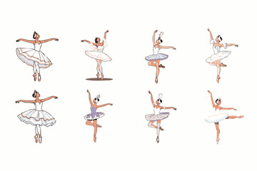 Graceful ballet dancers in various poses, showcasing elegance, skill, and the beauty of classical dance against a clean white background.