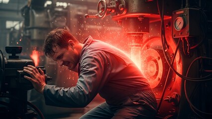 A machinist struggles with intense heat and sparks emanating from a heavy industrial machine