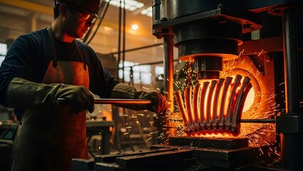 Artisan shapes glowing metal in a furnace, sparks fly in the industrial setting