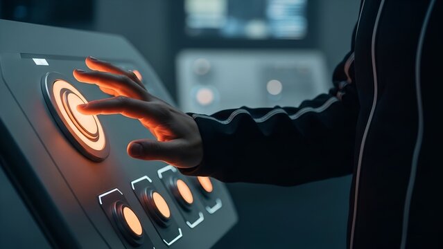 Close-up of a hand activating a glowing button on a futuristic control panel, in a science setting