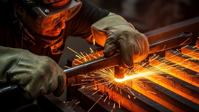 Skilled worker expertly welds metal parts with focused intensity in a workshop environment