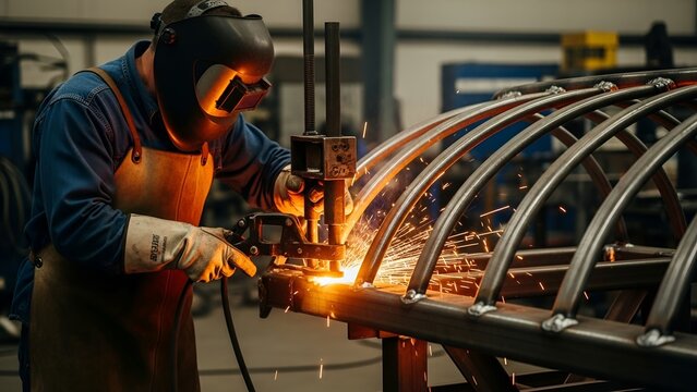 A worker in protective gear welds metal framework in a workshop, sparks flying