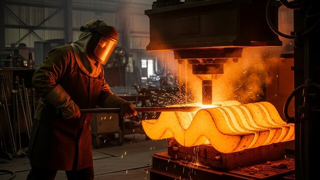 A worker operating heavy machinery during a metal forging process