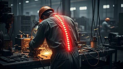 A worker in overalls, orange hardhat with visible spine highlighted in red