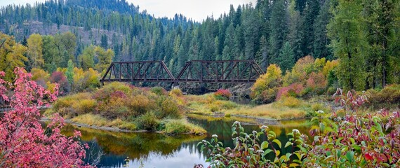   Panoramic photo of river in autumn.