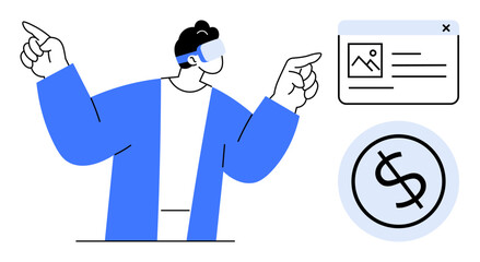 Person wearing VR headset pointing at UI interface and dollar icon, signifying digital interaction. Ideal for technology, virtual reality, finance, innovation, ecommerce, digital media, simple flat