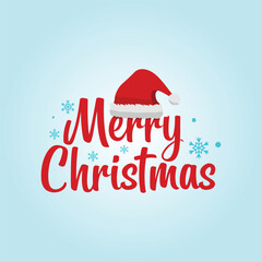 Merry christmas text with santa hat and snowflakes on a light blue background holiday illustration