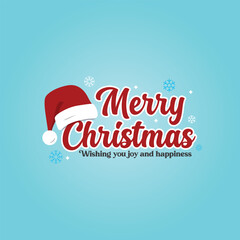 Merry christmas greeting card with santa hat and snowflakes on a light blue background wishing joy and happiness