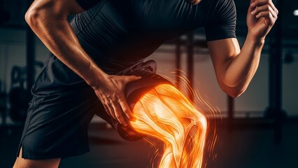 Athlete holding knee in pain, highlighting muscle structure. Studio background. Focus on injury