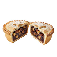 Two halves of a baked, fruit-filled pastry, star-shaped dusting