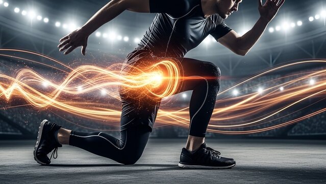 A determined athlete mid-sprint, highlighted by dynamic streaks of energy, in a stadium - Powered by Adobe