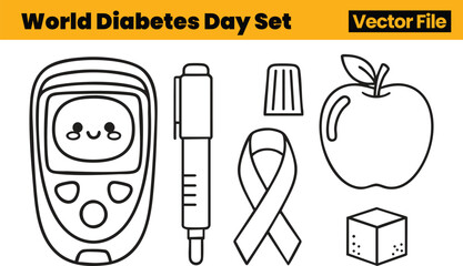 World Diabetes Day Icons Showing Smiling Glucose Meter, Insulin Pen, Test Strip, Ribbon, Apple and Sugar Cube for Global Awareness Messages