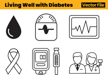 Living Well Diabetes Icon Collection Featuring Blood Drop, Scale, ECG Line, Ribbon, Glucose Meter, Syringe and Professional Support Symbols