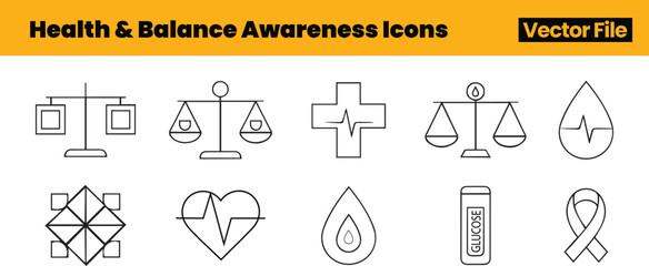 Abstract Wellness and Balance Icons Featuring Scales, Medical Cross, Heartbeat, Water Drops, Geometric Shapes and Awareness Ribbon Motifs