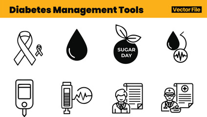 Diabetes Support Icons Including Healthcare Provider, Glucose Meter, Awareness Ribbon, Blood Monitoring Tools and Sugar Intake Indicators