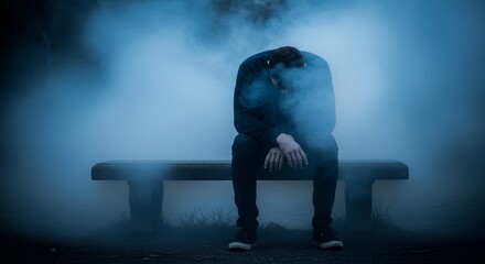 Fototapeta premium A lone figure sits on a bench, head bowed in swirling vapor, enveloped in a somber, mysterious atmosphere