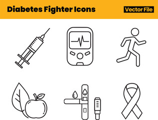 Active Diabetes Fighter Icon Set with Syringe, Glucose Meter, Running Symbol, Apple, Test Strip and Awareness Ribbon for Determined Health Management
