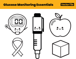 Friendly Diabetes Monitoring Icons Featuring Smiling Glucose Meter, Lancet, Apple, Awareness Ribbon, and Sugar Cube for Positive Health Awareness Visuals