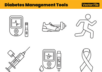 Diabetes Management Icons Displaying Exercise Symbol, Glucose Meter, Syringe and Awareness Ribbon Promoting Active Lifestyle and Health Support