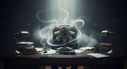 A stressed person at desk, holding head, surrounded by light, smoke and books