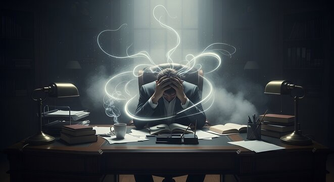 A stressed person at desk, holding head, surrounded by light, smoke and books