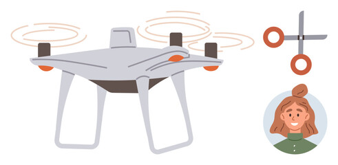 Obraz premium quadcopter flying with active propellers, scissors indicating trimming or creativity, and a smiling woman. Ideal for technology, creativity, innovation, design, aerial photography, modern gadgets