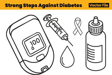 Strong Diabetes Action Icons Featuring Glucose Meter, Syringe, Awareness Ribbon, Medicine Bottle and Blood Drop Supporting Proactive Care