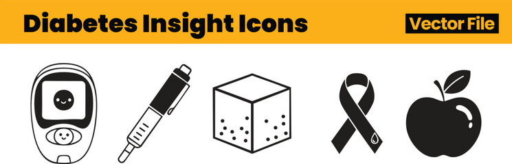 Diabetes Insight Icons Representing Glucose Meter, Insulin Pen, Sugar Cube, Apple and Awareness Ribbon Focused on Monitoring and Lifestyle Wellness