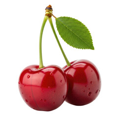 Close-up of two ripe cherries with green stem and leaf against black background