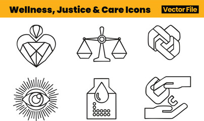 Wellness and Justice Icons Emphasizing Emotional Support, Awareness, Hydration, Fairness and Medical Care Through Symbolic Human-Centered Visual Motifs