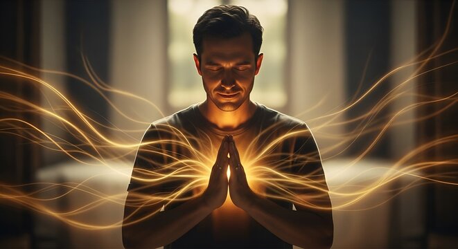 A man meditates with hands clasped in front of his chest, surrounded by radiating golden light - Powered by Adobe