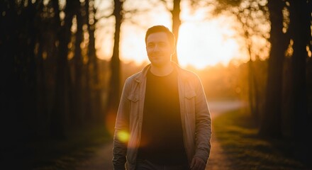 Man walks towards sunset down a treelined path, basking in golden hour light