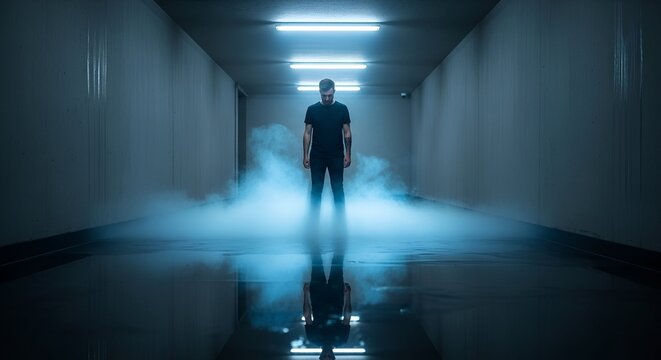 A lone person stands in a misty, illuminated hallway, gazing downward.  The scene is reflective