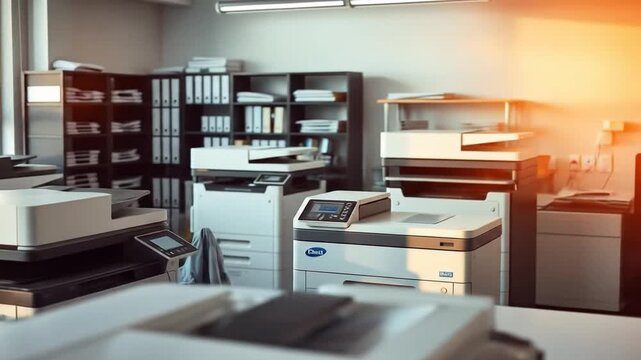 Office printing room with multiple printers and organized workspace during the day. 4k videos
