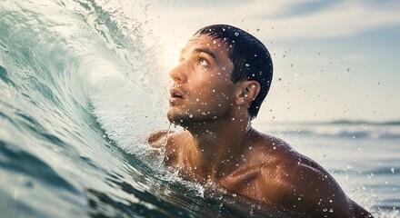 Man emerges from ocean wave, looking up towards the light, with water droplets