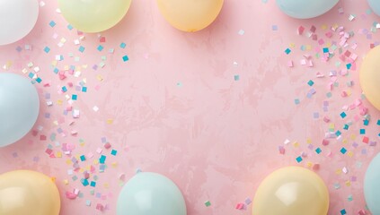 Pastel Party Palette. Floating Spheres and Confetti Squares on Textured Surface.